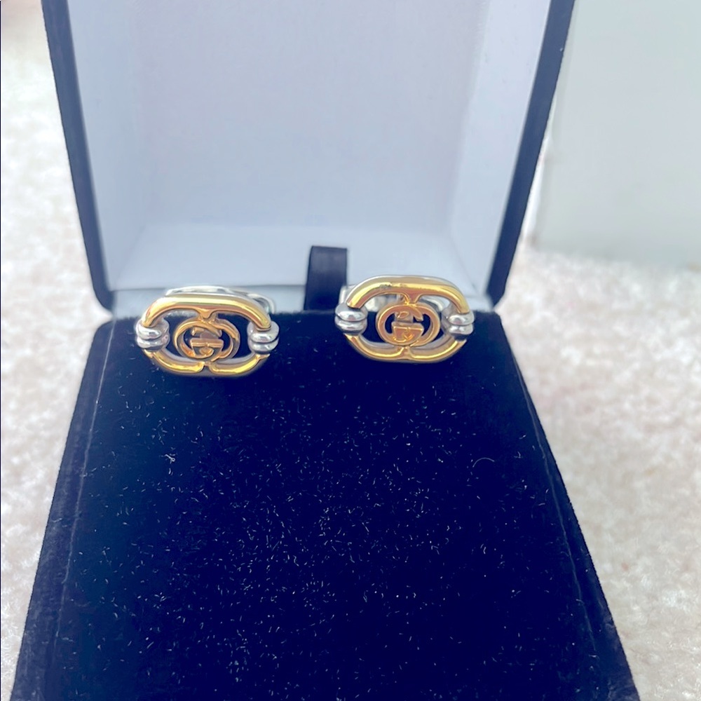 Gucci cufflinks silver gold logo